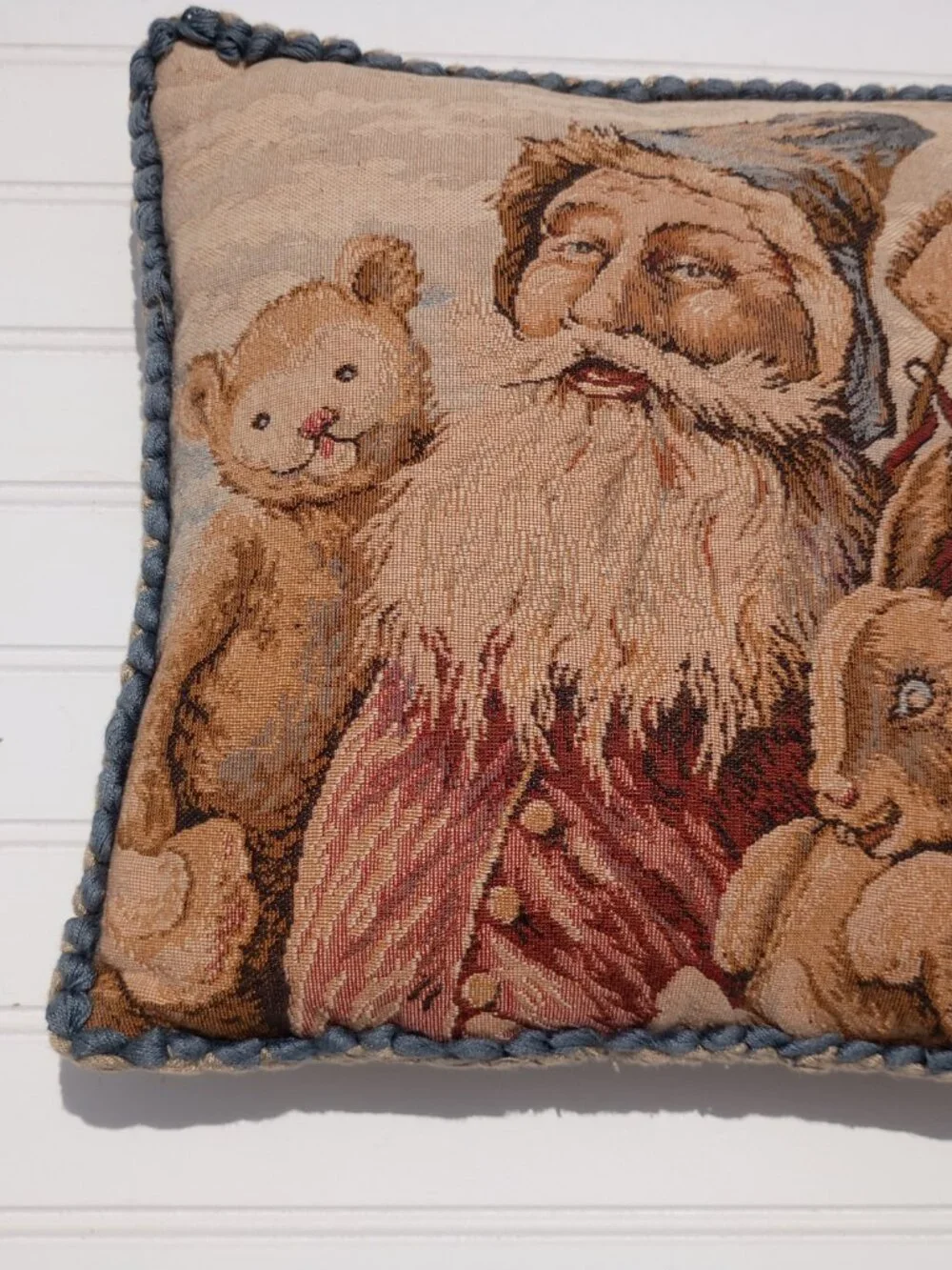 Vintage Tapestry Throw Pillow Santa Claus Old World Christmas Decor Folk Art Vtg